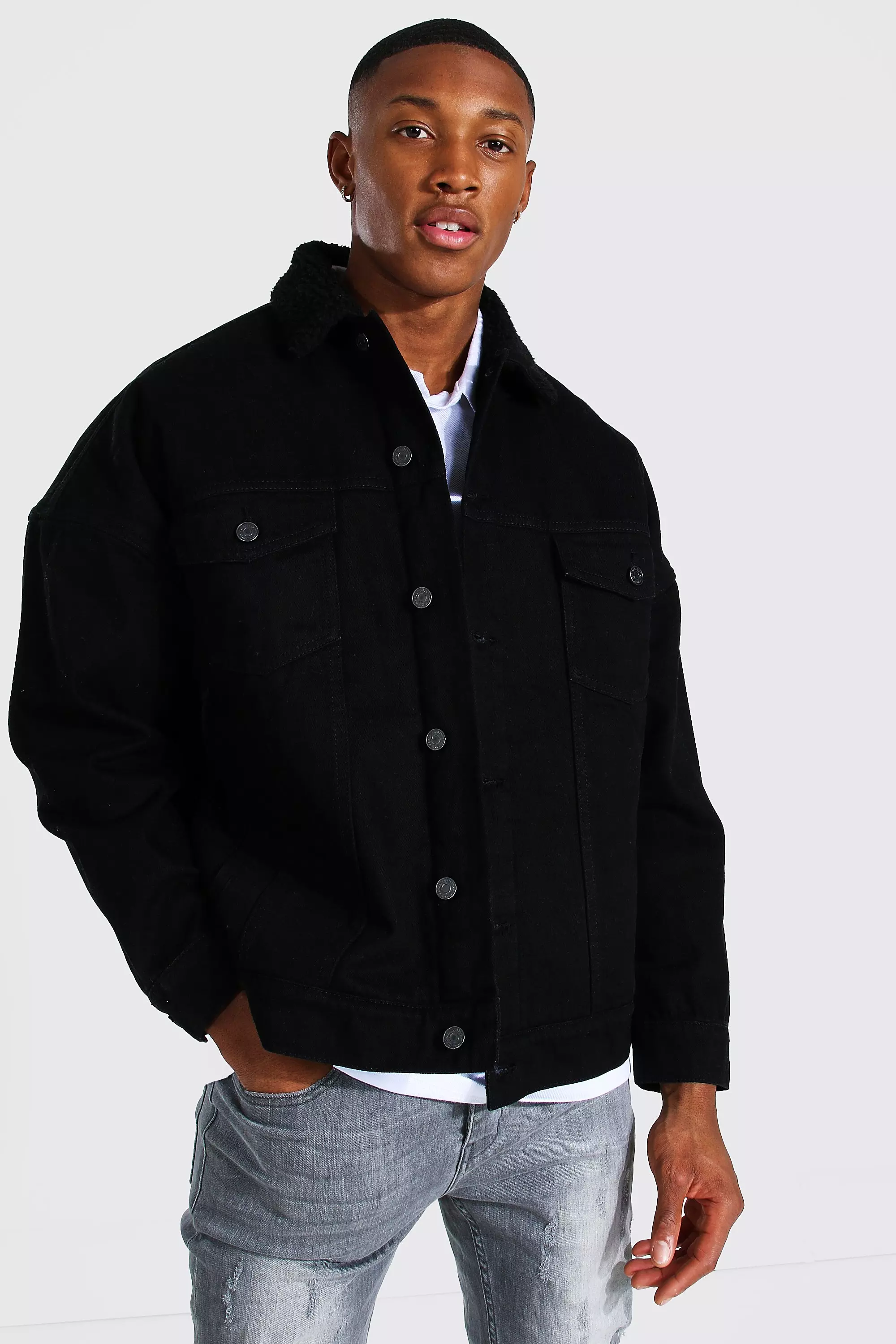 Mens black best sale lined denim jacket